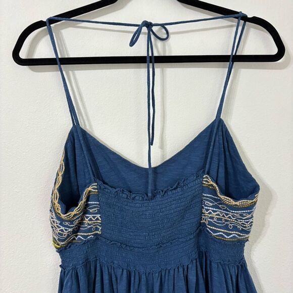Free People XL Blue Babydoll Cami Top Cotton Linen Blend Embroidered Boho Hippie - Picture 12 of 14
